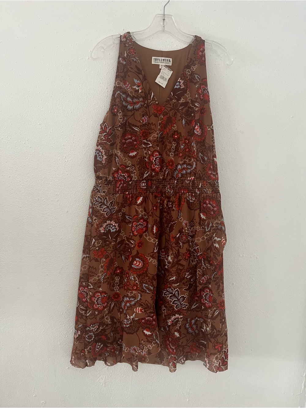 Idyllwind Brown Floral V-Neck Dress with Red and Blue Accents
